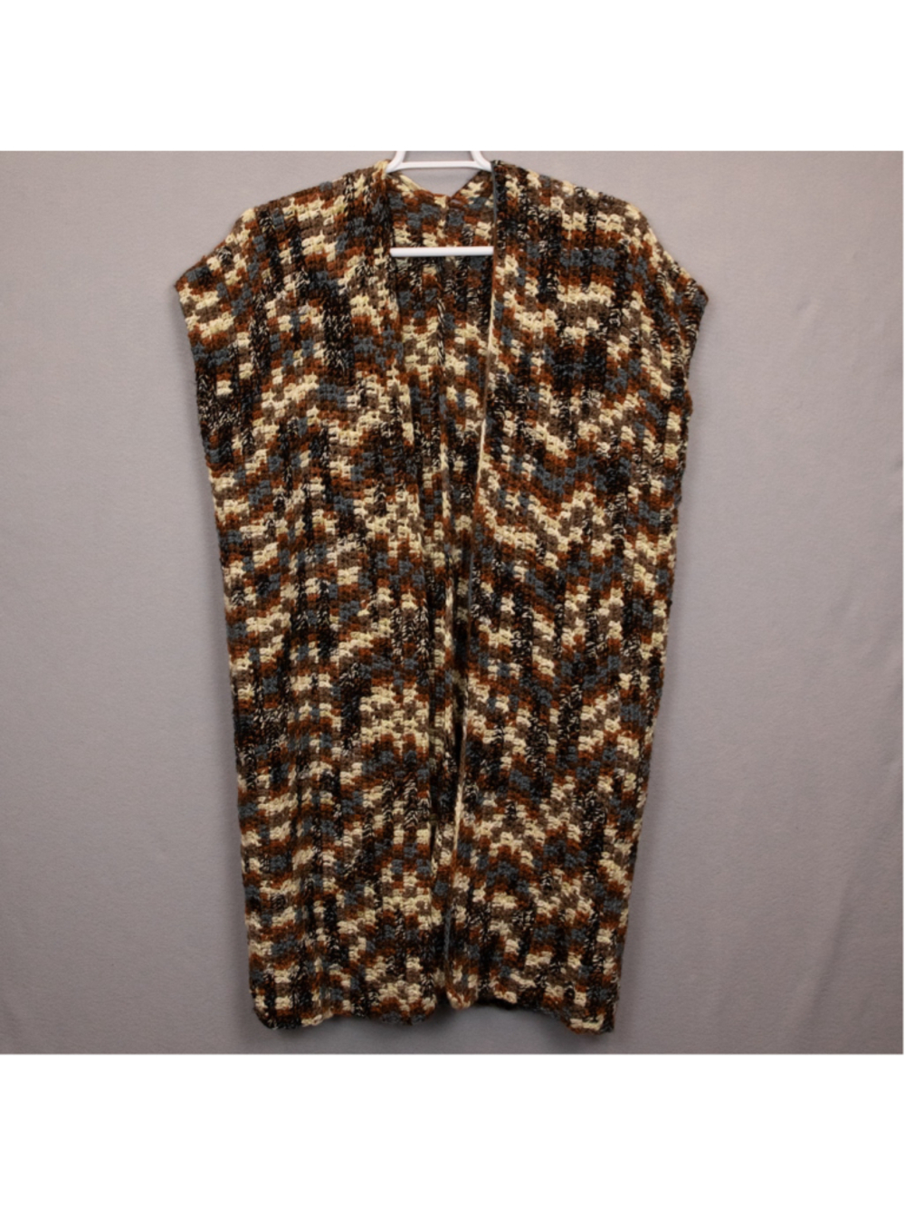 Handmade knit grandma cottage core long line open sweater vest-L